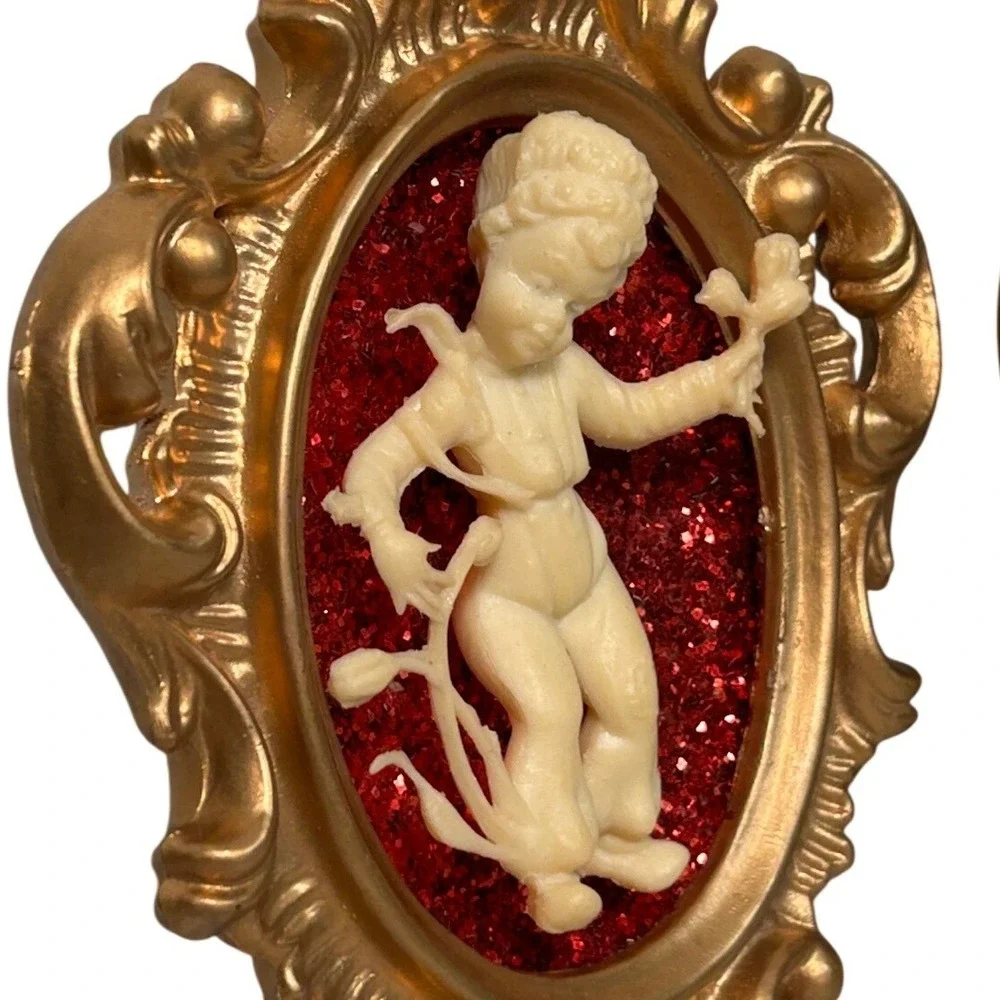 Dutch Boy Girl Gold Framed Glitter Wall Kitsch Art Hong Kong Mid Century 1950s